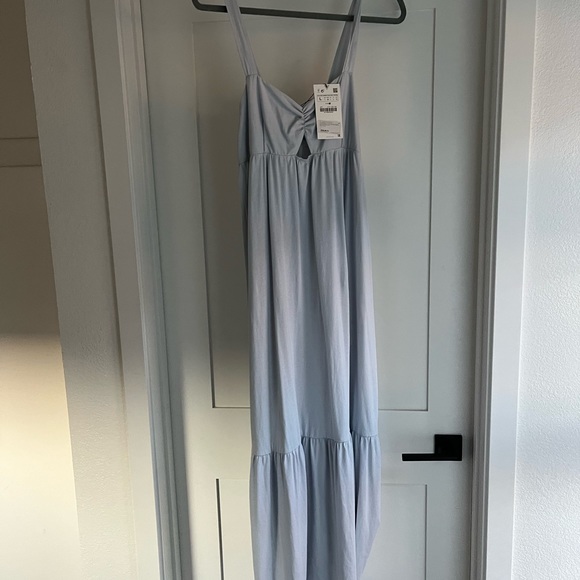 NWT - Zara Ice Blue Cotton Midi/ Maxi Dress with Cut Out and Flounce Hem sz L - Picture 3 of 10